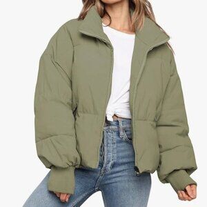 Women's Winter Oversized Puffer Zip-Up Down Jacket - Olive / Military Green - M